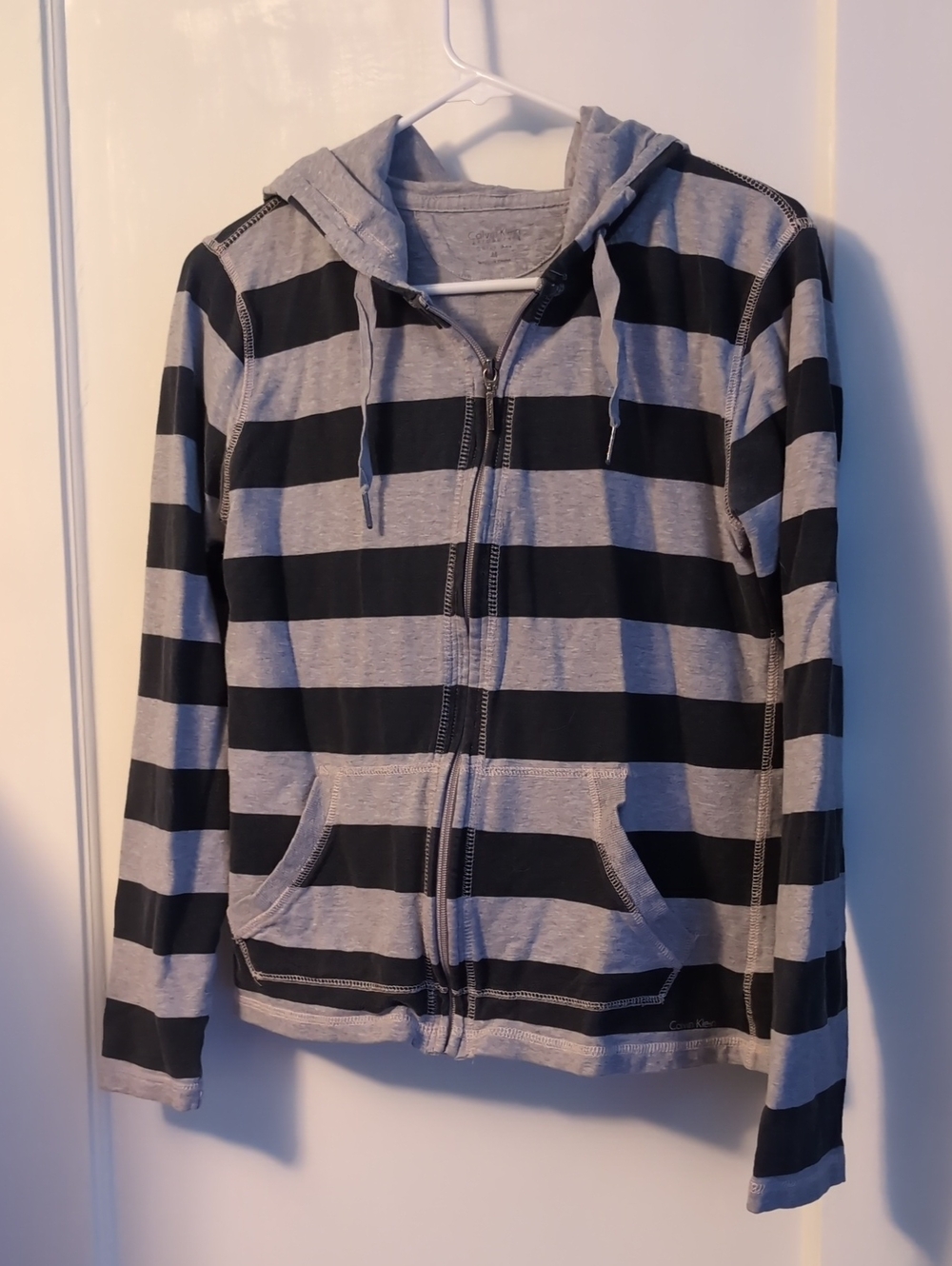 Striped Gray and Navy Zip-Up Hoodie